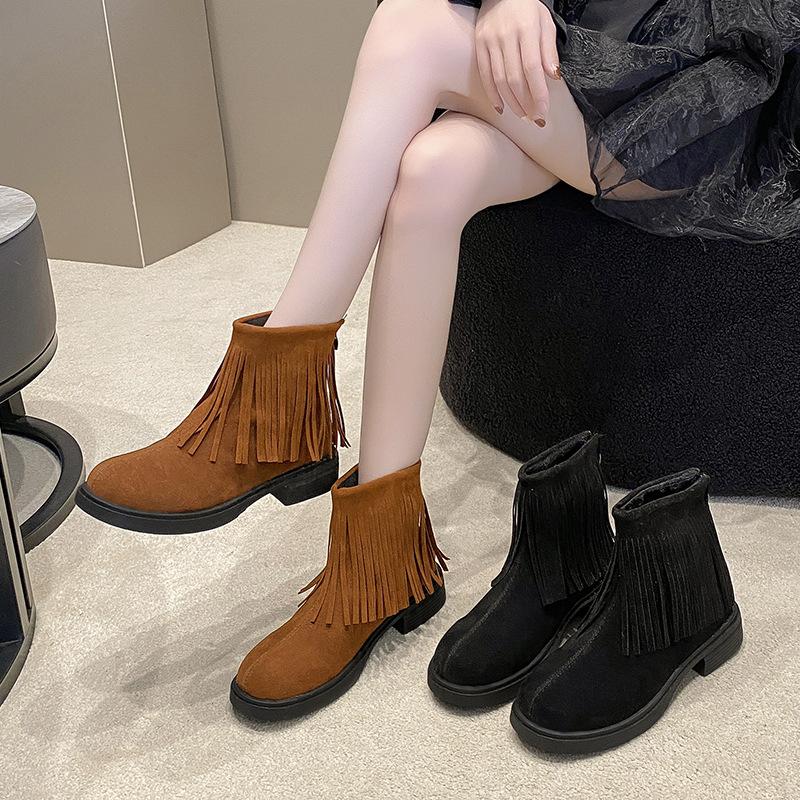 Bottines pour femmes à semelles épaisses et talons épais, bottines courtes pour femmes, mode automne hiver, bottes décontractées à pompon avec fermeture éclair au dos, grande taille 43