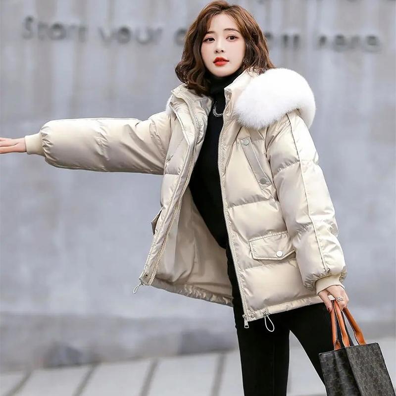 Herbst- und Winter Daunenjacke mit weißen Entendaunen für Damen, kurze und glänzende Baumwolljacke, modisch und warm, Baumwolljacke mit lockerem Kragen