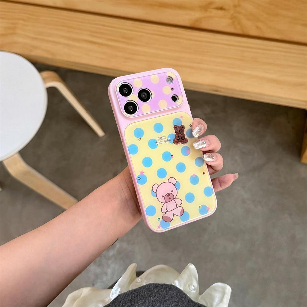 Polka Dot Bear iPhone 15/16/17 Pro Max Anti-Fall Case with Cartoon Design