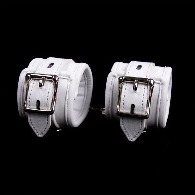 PU Leather Sponge Padded White Hands Cuffs /Ankle Cuffs / Neck Collar With Leash Bondage Restraints Accessories Sex Toys