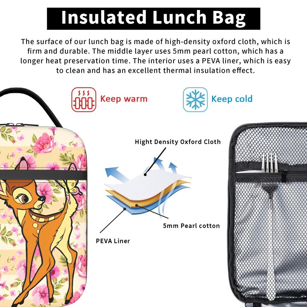 Bambis Floral Insulated Lunch Bags Thermal Bag Reusable,Meal Container  High Capacity Tote Lunch Box Girl Boy College  Outdoor