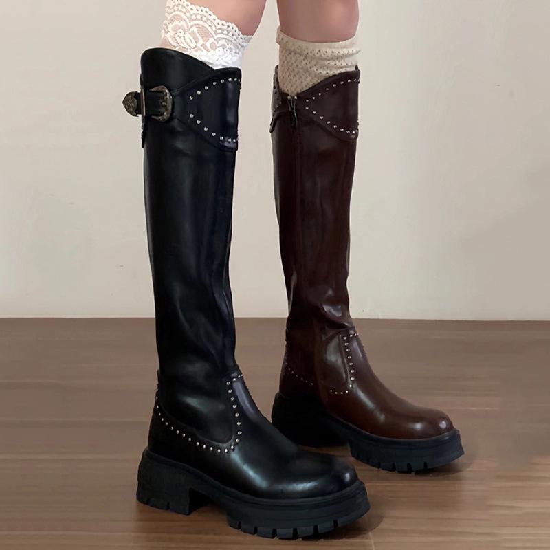 Fashion Women Knee High Boots Square High Heels 2025 Spring Autumn Leather Thick Bottom Fashion Belr Buckle Knight Long Botas Femininos
