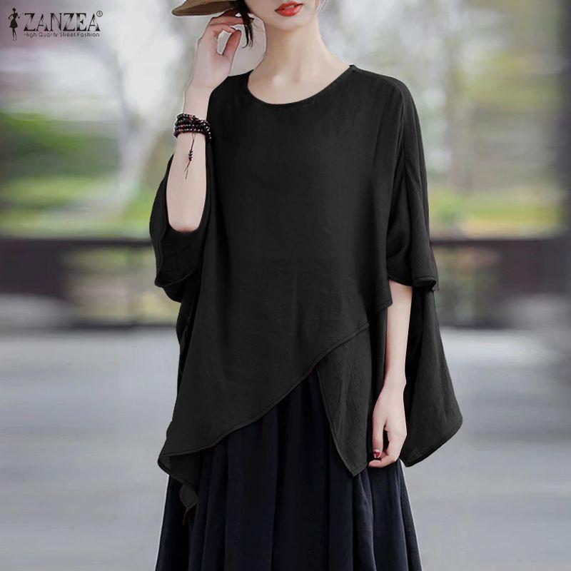 ZANZEA Women Casual Round Neck Summer Half Sleeve Irregular Hem Blouse