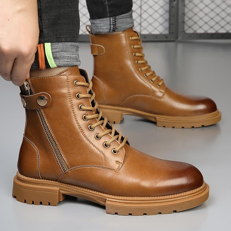 Side Zipper Martin Boots Men's High-top British Style Leather Tooling Locomotive Boots Autumn and Winter Heightening Velvet Warm Boots