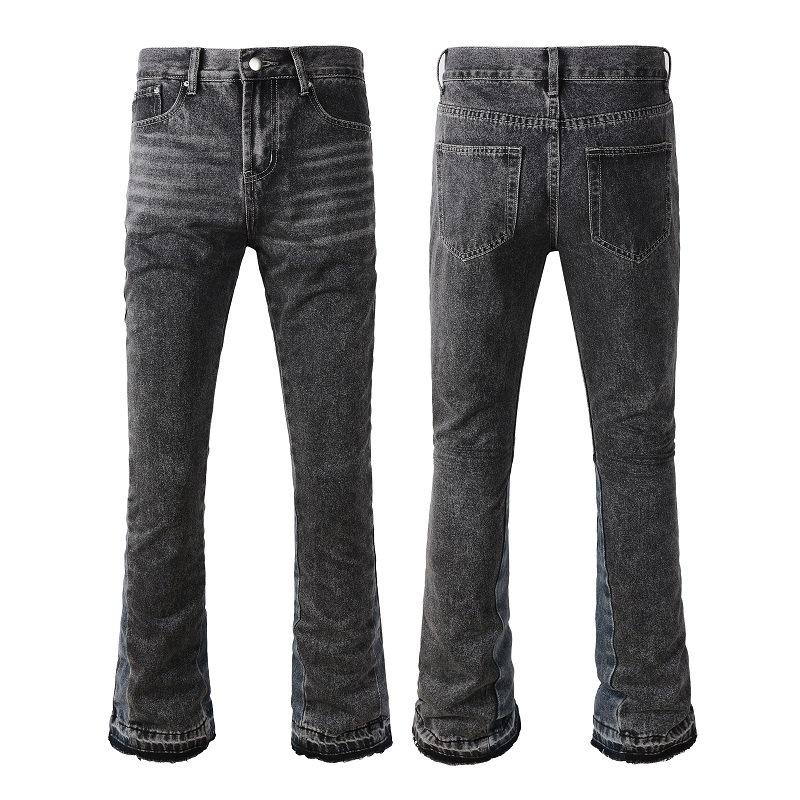 

Men Mid Waist Pockets Patchwork Jeans Washed Denim Flare Pants Autumn Streetwear Vintage Ankle Length Trousers 27 сірий