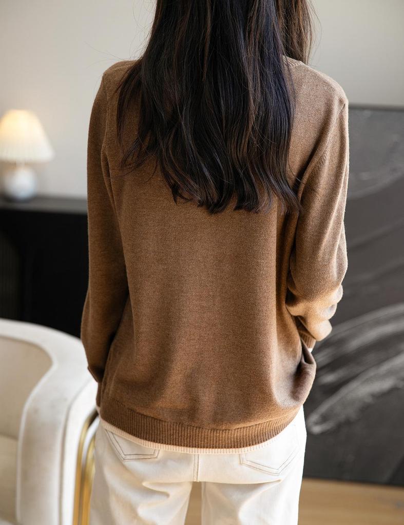 2025 A/W Women's Color Block Knit Cardigan - Fake Two-Piece, Round Neck, Long Sleeve, Loose Fit Sweater Coat