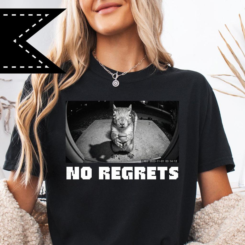 Squirrel "No Regrets" Graphic T-Shirt, Comfort Colors Cotton Tee, Doorbell Cam Meme Shirt, Silly Animal Meme Gift