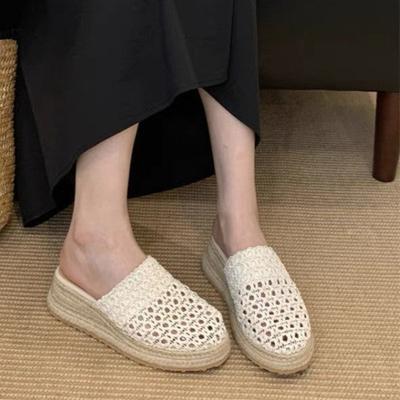 Platform Baotou Half Slippers Women Summer Outside Wear Summer Round Toe Woven Breathable Platform Wedge Slippers