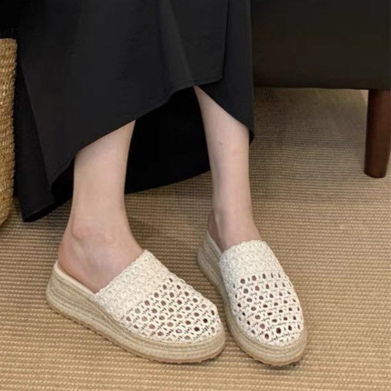 Platform Baotou Half Slippers Women Summer Outside Wear Summer Round Toe Woven Breathable Platform Wedge Slippers