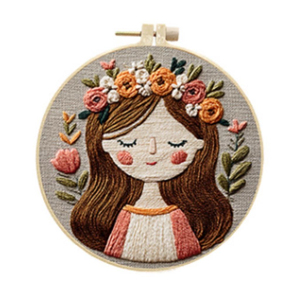 1 Set Cute Flower Girl DIY Embroidery Kit: This Craft Fabric Kit Includes Tools and Stitch Instructions Suitable for Beginners.