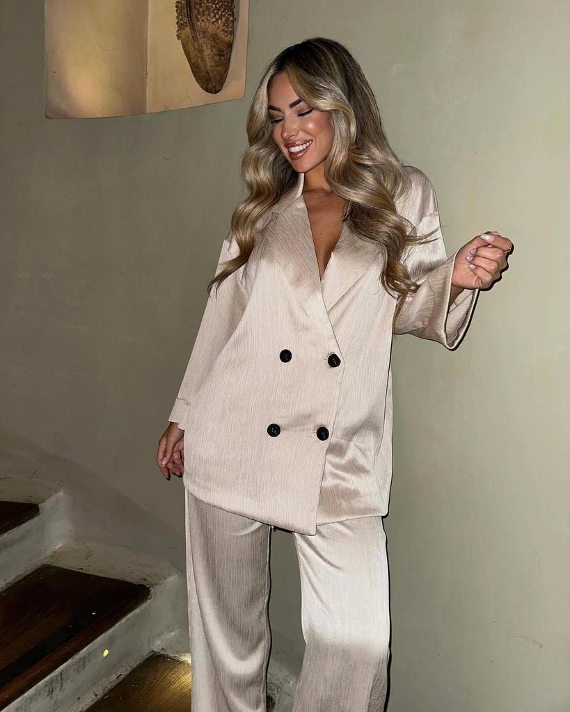 Women's Casual Crinkle Double-Breasted Blazer + High-Waisted Long Pants