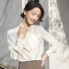 Women's Satin Long Sleeve Shirt with Ribbon Bow and Stand Collar - Spring 2026 Commuting Style.