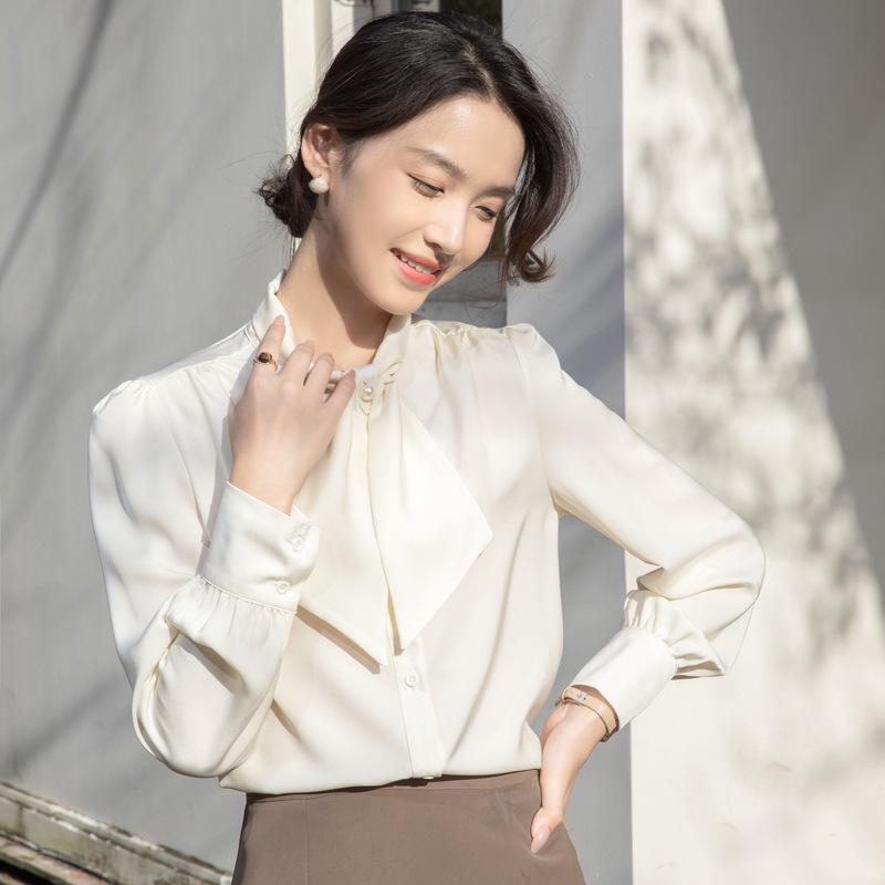 Women's Satin Long Sleeve Shirt with Ribbon Bow and Stand Collar - Spring 2026 Commuting Style.