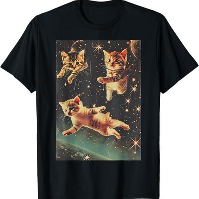 Funny Cat Kittens In Space Cute Retro Art Vintage T-Shirt