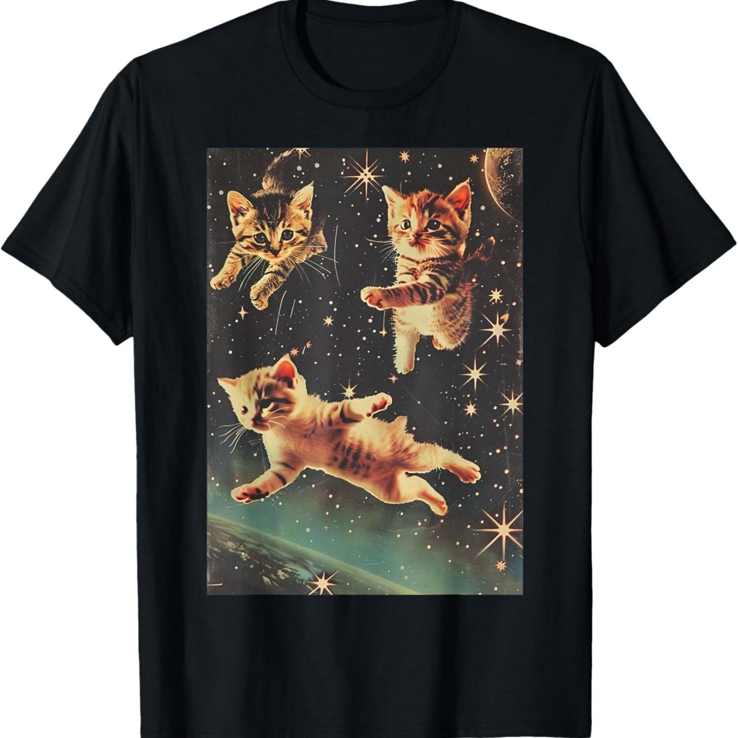 Funny Cat Kittens in Space Cute Retro Art Vintage T-Shirt S чёрный