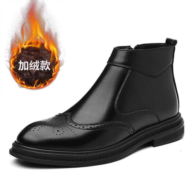 Autumn Winter New Big Size Chelsea Boots Men Fleece Keep Warm High Top Ankle Boots Male Solid Color Cow Leather Brogue Shoes Man