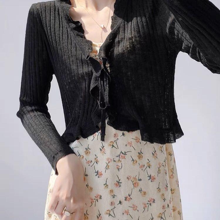 Summer Women's Sunscreen Knitted Shirt Lace Trim One Button Long Sleeve Crop Top Women Short Sleeve Open Front Ribbed Knit Cardigan