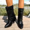 Fashion Punk Style Buckle Strap Motorcycle Boots Women Pointed Toe Chunky Heel Mid Calf Boots Woman Retro Pu Leather Knight Botas Mujer