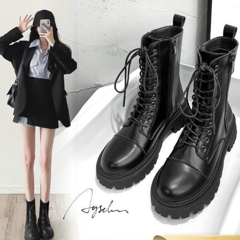 38 Size Women s Platform Combat Ankle Boots Fashion Lace-up Short Booties with Lug Sole and Side Zipper Lace Up Booties 38 чёрный