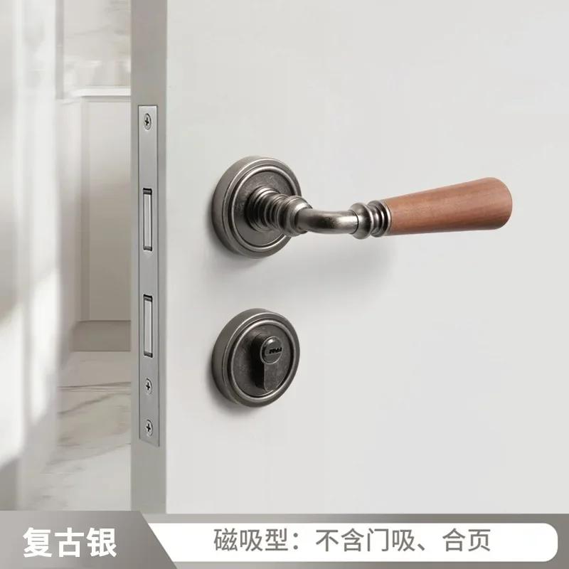 Zinc Alloy Door Lock Walnut Wood Handle Room Magnetic Lock Indoor Silent Lock Secure Split Locks Door Hardware Accessories
