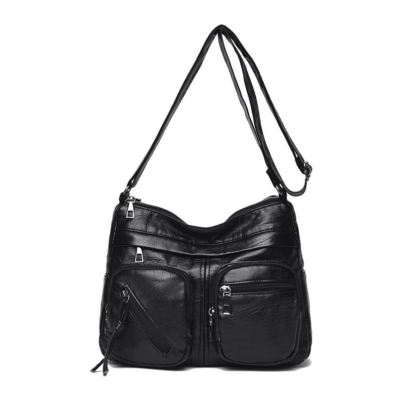 Retro Skulderveske, Motorsykkelveske, Mykt Skinn Flerglidelåsveske