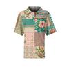 Damen Lässiges Kurzarm Waffelstrick Poloshirt Knopfleiste Patchwork Blumenprint Leichtes Oberteil