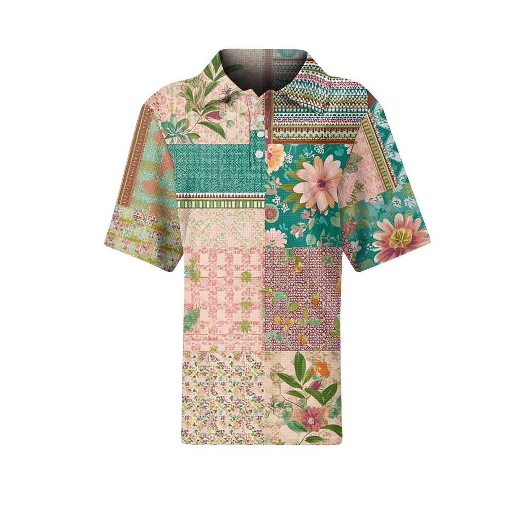 Damen Lässiges Kurzarm Waffelstrick Poloshirt Knopfleiste Patchwork Blumenprint Leichtes Oberteil