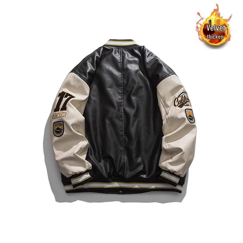 Chaqueta de Béisbol de Cuero PU y Algodón para Hombre, Tendencia Americana - Abrigo de Piloto de Invierno para Parejas, Acolchada Casual.