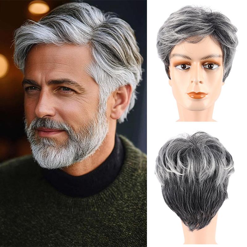 Synthetic Short Male Wig Cosplay Halloween Grey Mixed Black Hair Ombre Wig for Men Wigs with Bangs Cool Hairstyle Heat Resistant