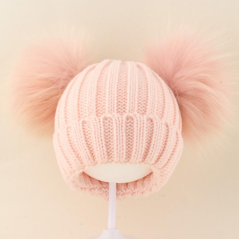 Kids Warm Knitted Beanie Hat With Double Pom Poms Striped Roll Edge Unisex Winter Cap Toddlers Children