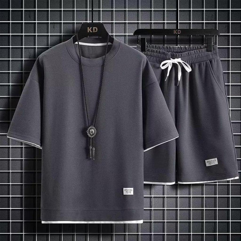 Set sport de vară tricot vafe pentru bărbați: Pantaloni scurți la modă, largi și top cu mâneci scurte