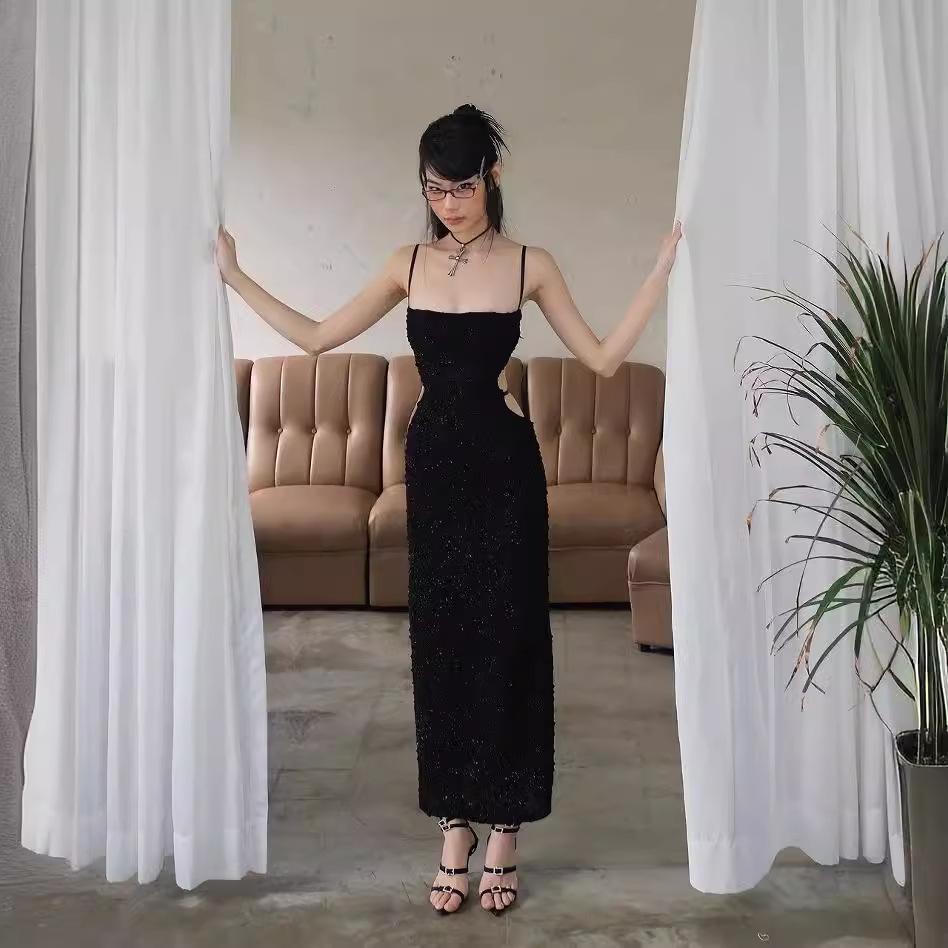 Sexy Backless Sequined Hollow-Out Dress With Straps Summer Pure-Desire Style Hot Girl Long Dress With Long Sleeves