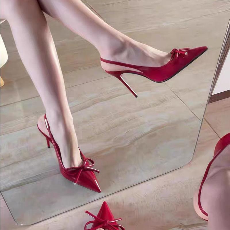 Fashion Instagram Style ~ Pointed-Toe High Heels, Sexy Red Bow Single Shoes, Open Back, French Toe Cap Sandals, Women'S Thin Heels