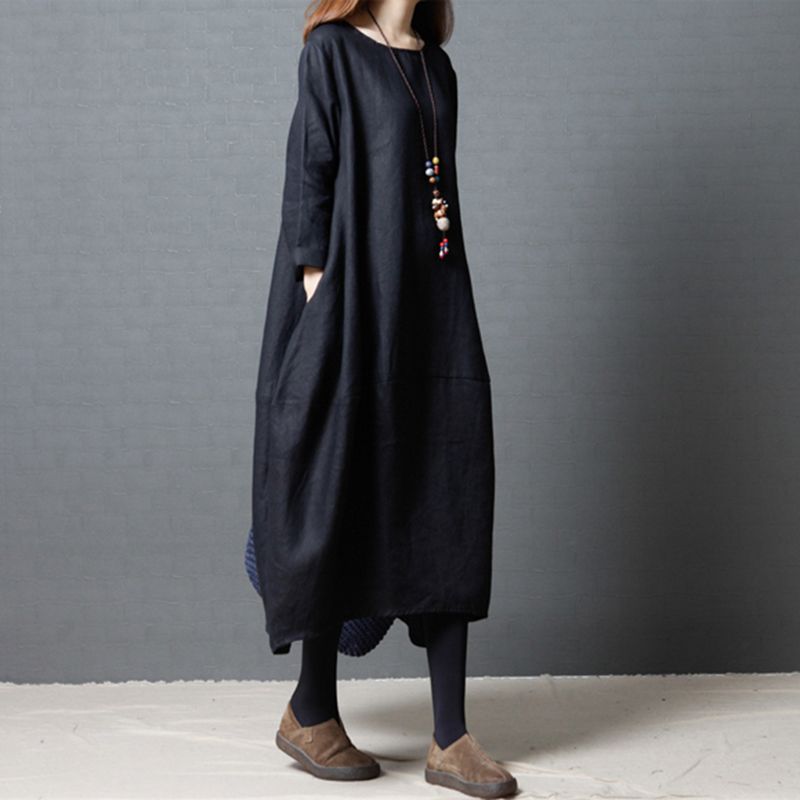 

Европейская станция Весна и Осень Новое платье с круглым вырезом, однотонное, больших размеров, женская одежда, свободное, повседневное, с длинными рукавами, средней длины, длинное платье Black L