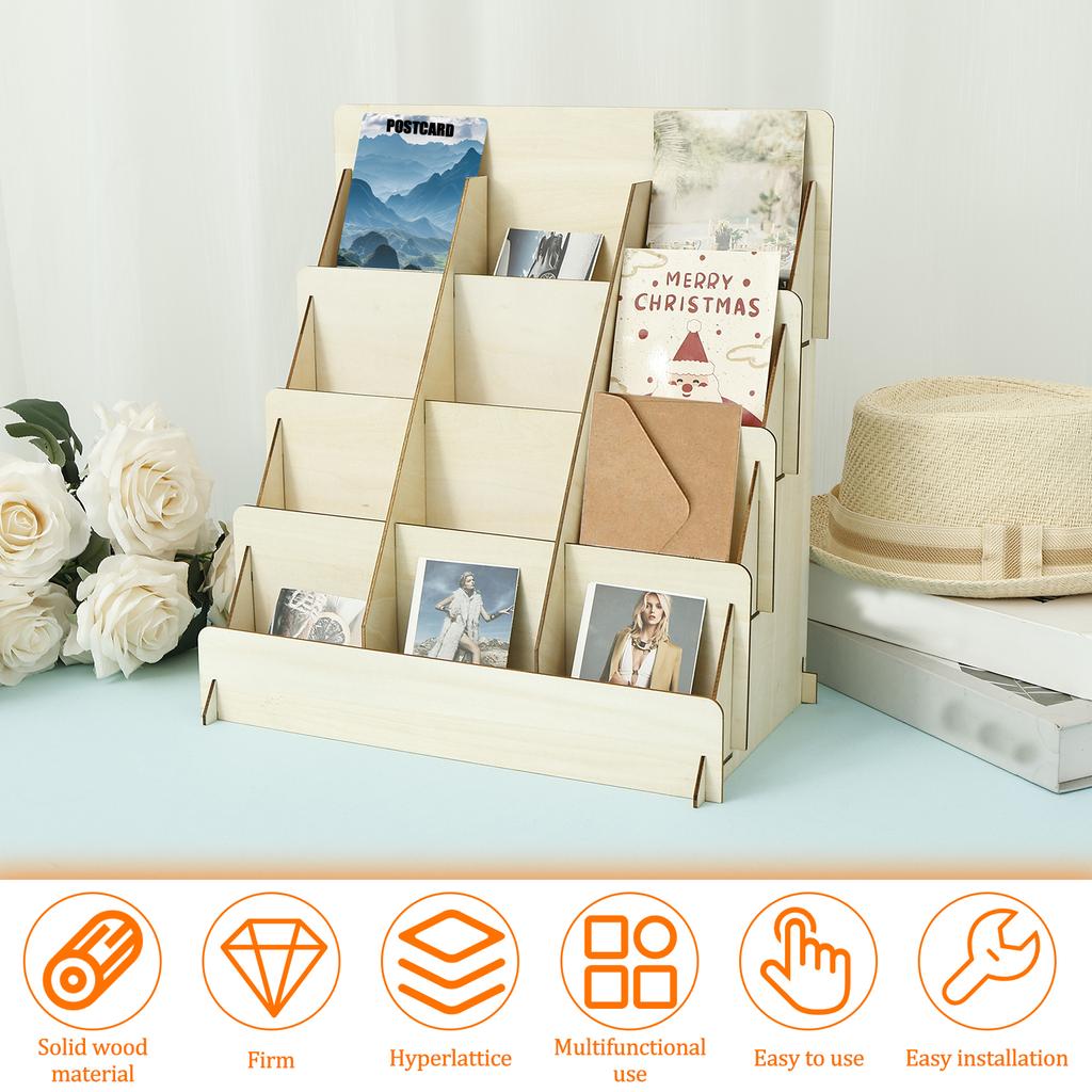 Wood 4 Tier Greeting Card Display Stand Large Capacity Easy to Assemble Wooden Sticker Display Rack Multipurpose Brochure Holder