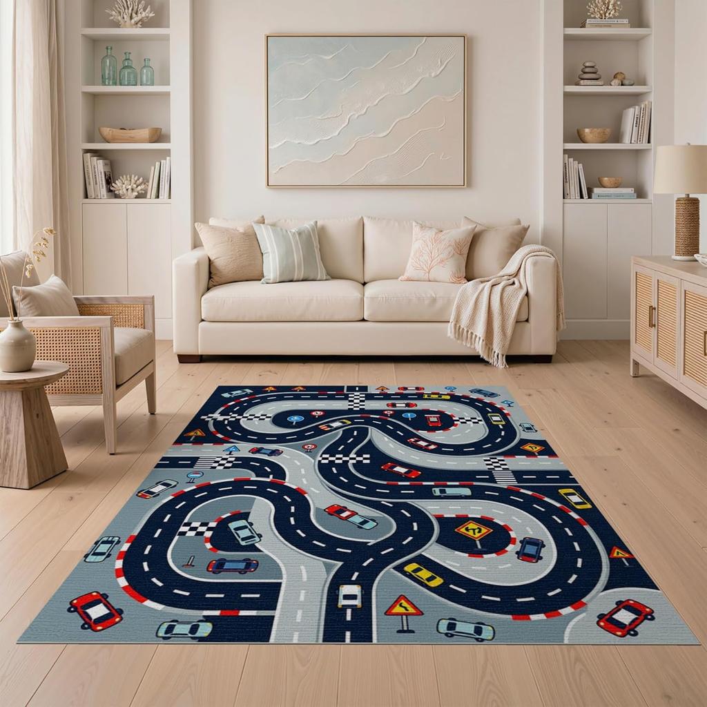 Kids Race Car Track Play Area Rug Educational City Road Map Carpet Soft Non-Slip Boys Bedroom Playroom Home Decor Floor Mat