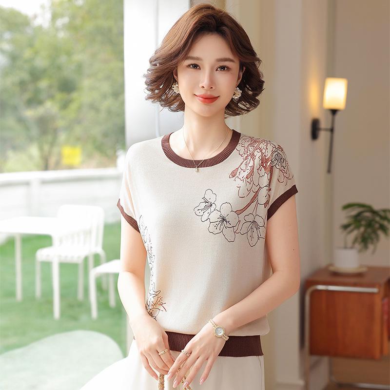 

Stylish Knit Top for 50-Year-Old Women - Short-Sleeved, Versatile Summer T-Shirt for Middle-Aged and Elderly L (recommended 80-100 kg) бежевый