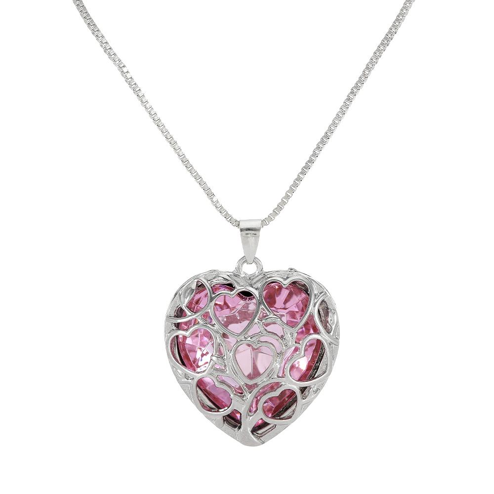 Luxury Hollow Out Heart Rhinestone Locket Pendant Necklace Green Red Pink Purple Blue Roseo Color Crystal Inside For Women