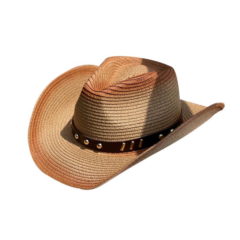 Rivet Belt Gradient Color Jazz Cowboy Straw Hat for Women, Summer Outdoor Fishing Sun Protection Hat, Men's Sunshade Beach Hat