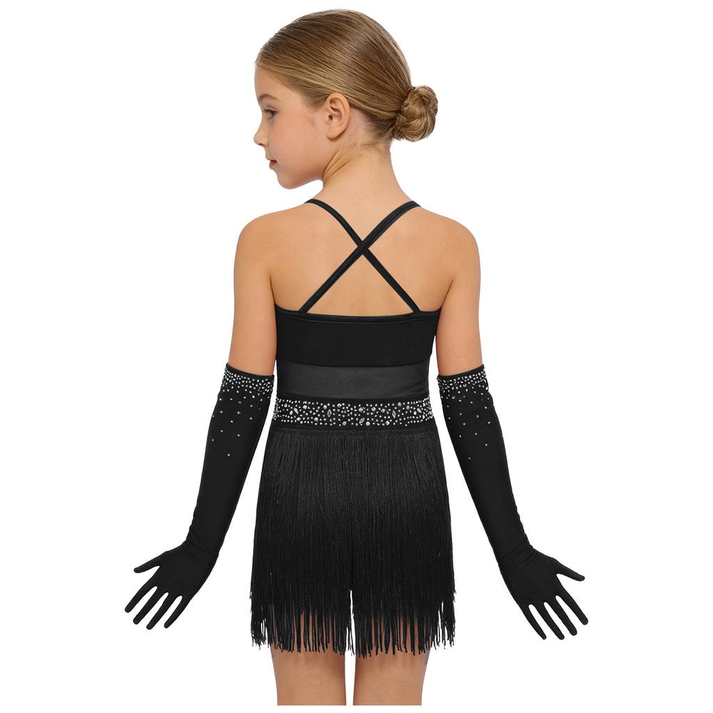 Mädchen Cross-Back-Trikot Netz-Patchwork Stufen-Quasten Ärmellos Latein-Outfit Netz-Handschuhe