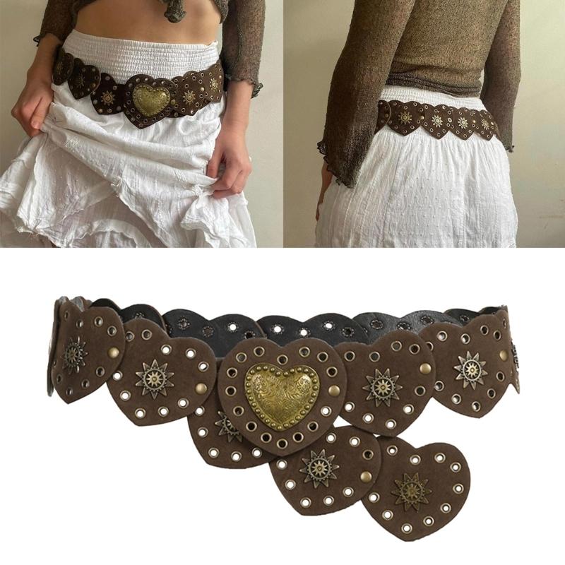 Unique Cutout Waist Belt for Women PU Leather White Embellished Brown Belt Decorated with White Love Heart Belt