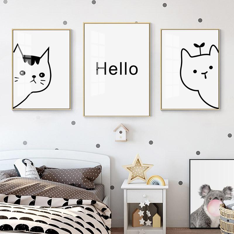 Minimalist Modern Cartoon Cat Wall Art Poster Nortic Line Drawing Black and White Animal Canvas Painting Home Decoration