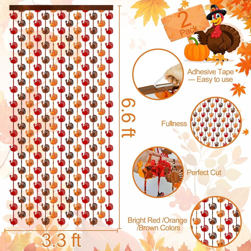 Thanksgiving Decorations, 2 Pack 3.3 x 6.6 Ft Red Orange Brown Turkey Metallic Tel Foil Fringe Curta Streamers Backdrop for Fall Thanksgiving