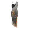 Damen-Abendkleid mit Retro-Print, sexy Pailletten-Schlitz, Maxi-Smocked-One-Shoulder-Abendkleid