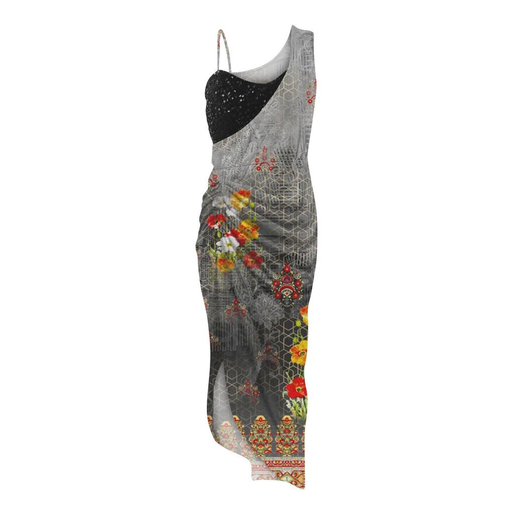 Damen-Abendkleid mit Retro-Print, sexy Pailletten-Schlitz, Maxi-Smocked-One-Shoulder-Abendkleid
