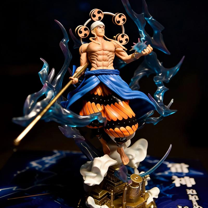 One Piece 38cm Thunder God Enel Anime Figure Double Head Statue Light Up Figure PVC Collectible Model Toy Desktop Ornament Gift