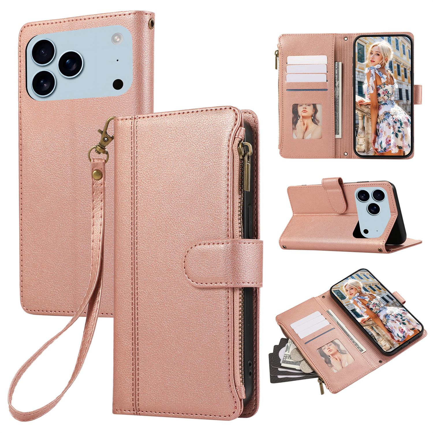 

For iPhone 17 Pro Max Case Multi Card Slots Zipper Leather Phone Cover with Wrist Strap Rose Gold