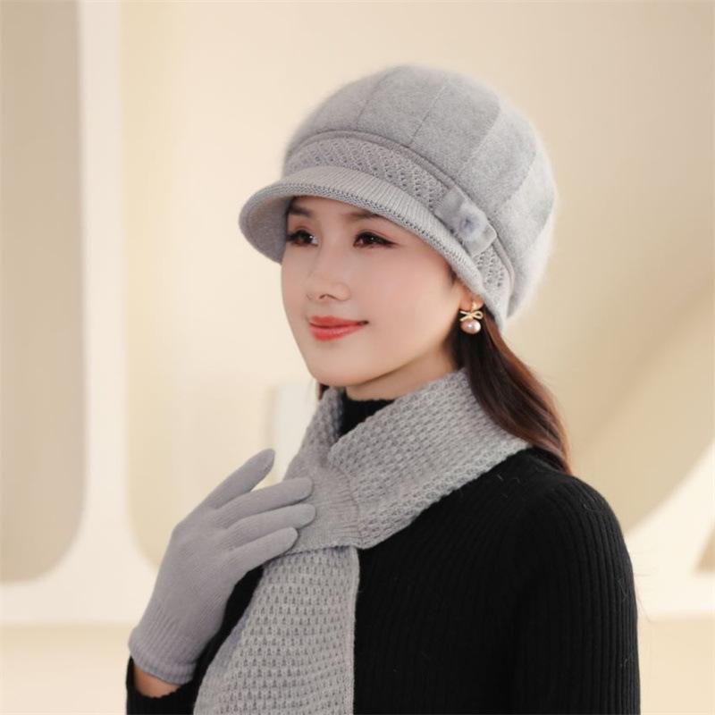Women's winter velvet thickened cold and warm knitted wool hat middle-aged and elderly rabbit hair mother hat scarf gloves