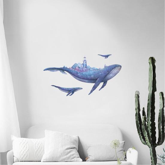 Blue Whale Wall Stickers, Waterproof PVC Wall Decals with Lighthouse And Stars, Peel And Stick Removable Marine Life Decals for Living