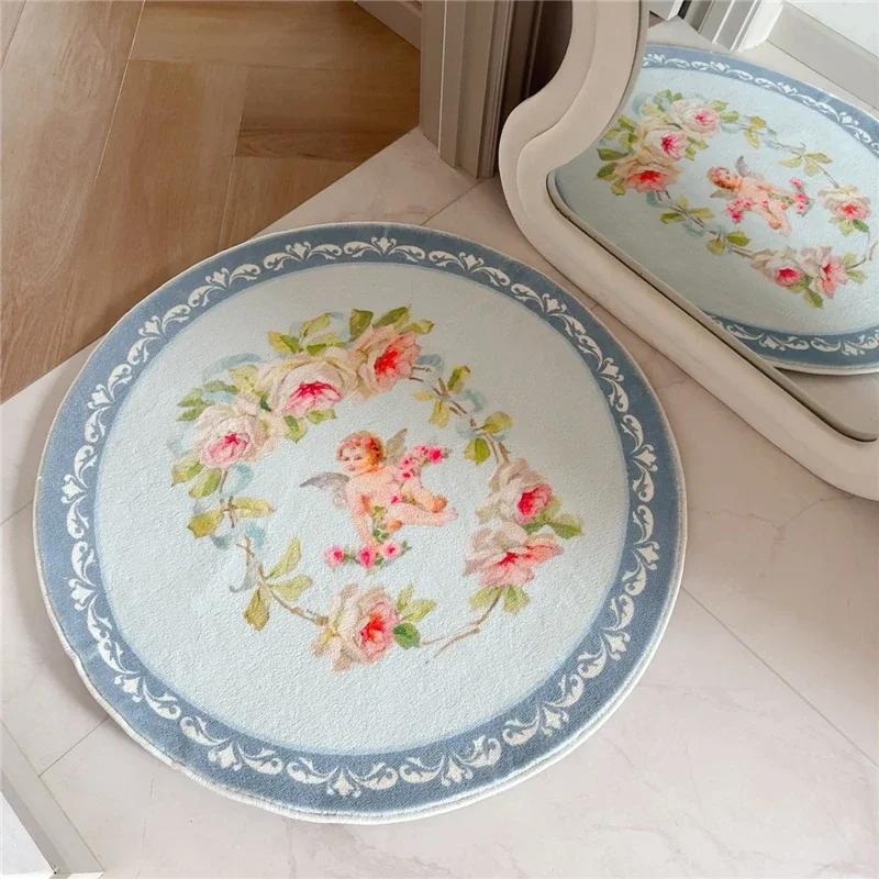 

Retro Bow Thickened Plush Carpet Rugs Bedroom Living Room Bedside Cute Floor Mat Home Decoration Pink Carpet Round Angel Footmat